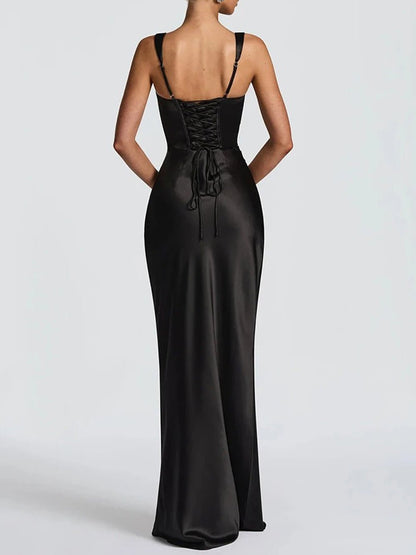 Black Square Neck Wide Strap Ruched Satin Column Maxi Gown