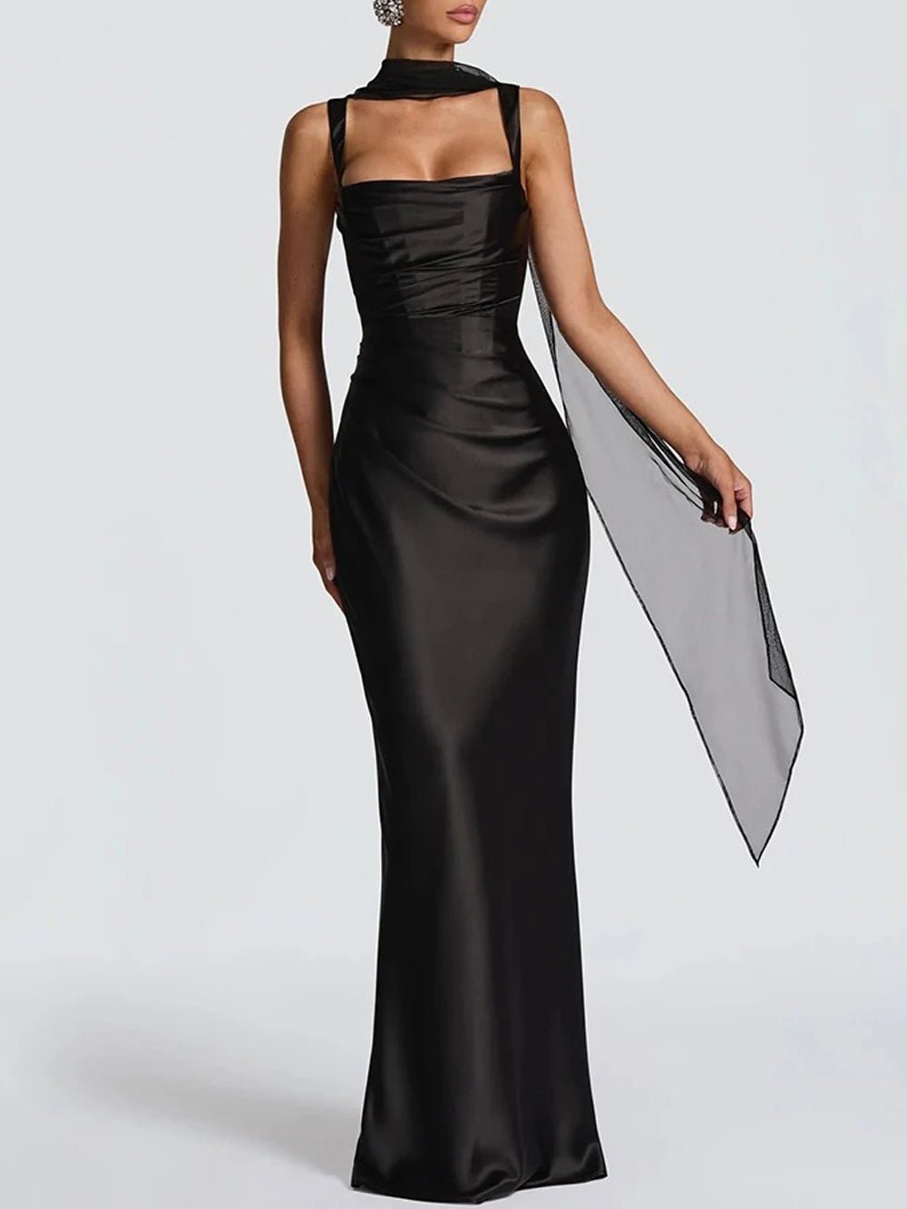 Black Square Neck Wide Strap Ruched Satin Column Maxi Gown