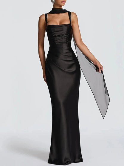 Black Square Neck Wide Strap Ruched Satin Column Maxi Gown