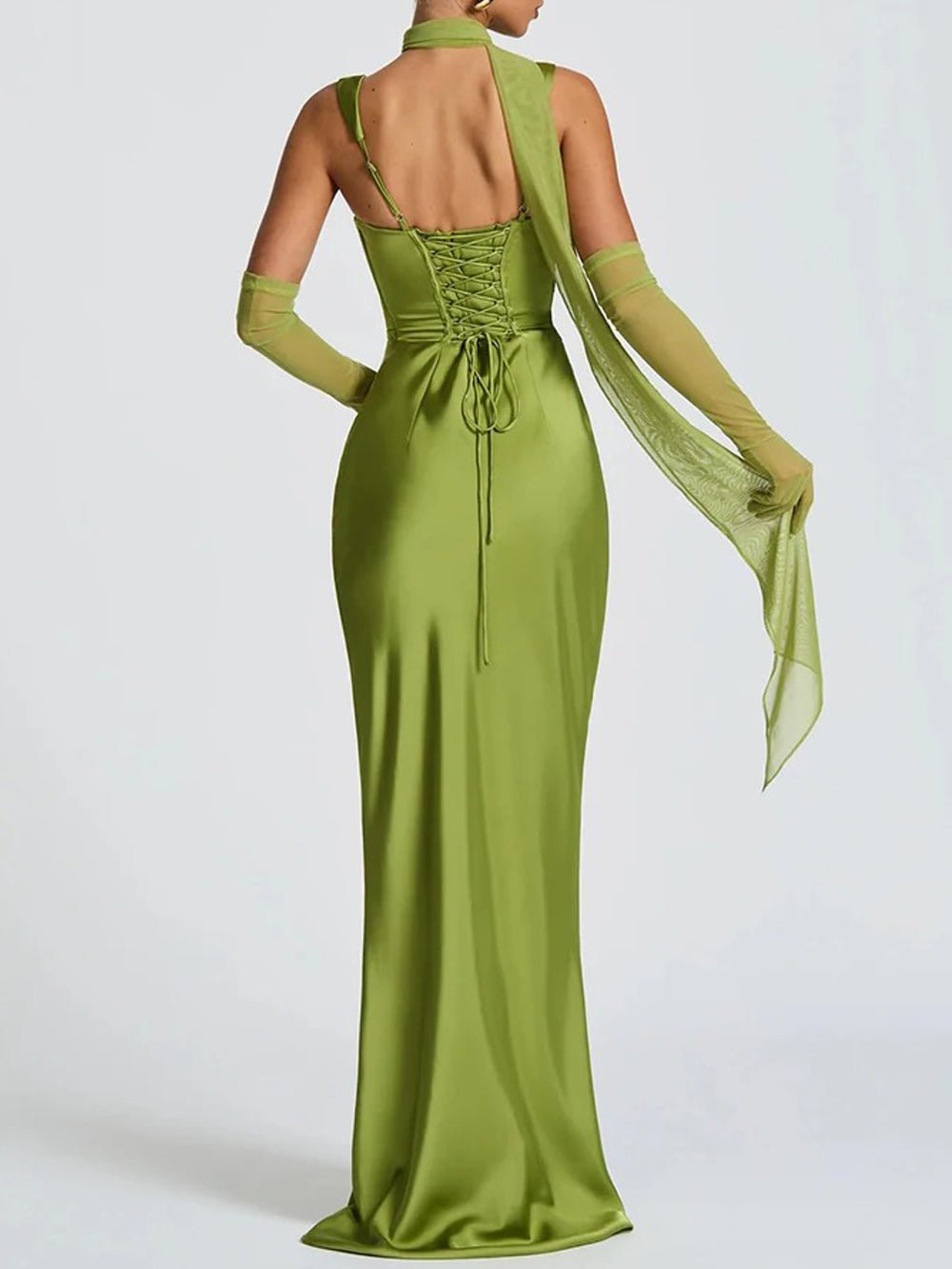 Green Square Neck Wide Strap Ruched Satin Column Maxi Gown