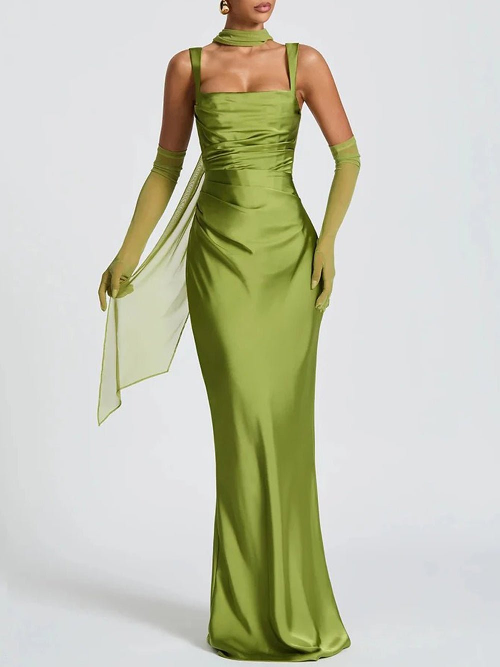 Green Square Neck Wide Strap Ruched Satin Column Maxi Gown