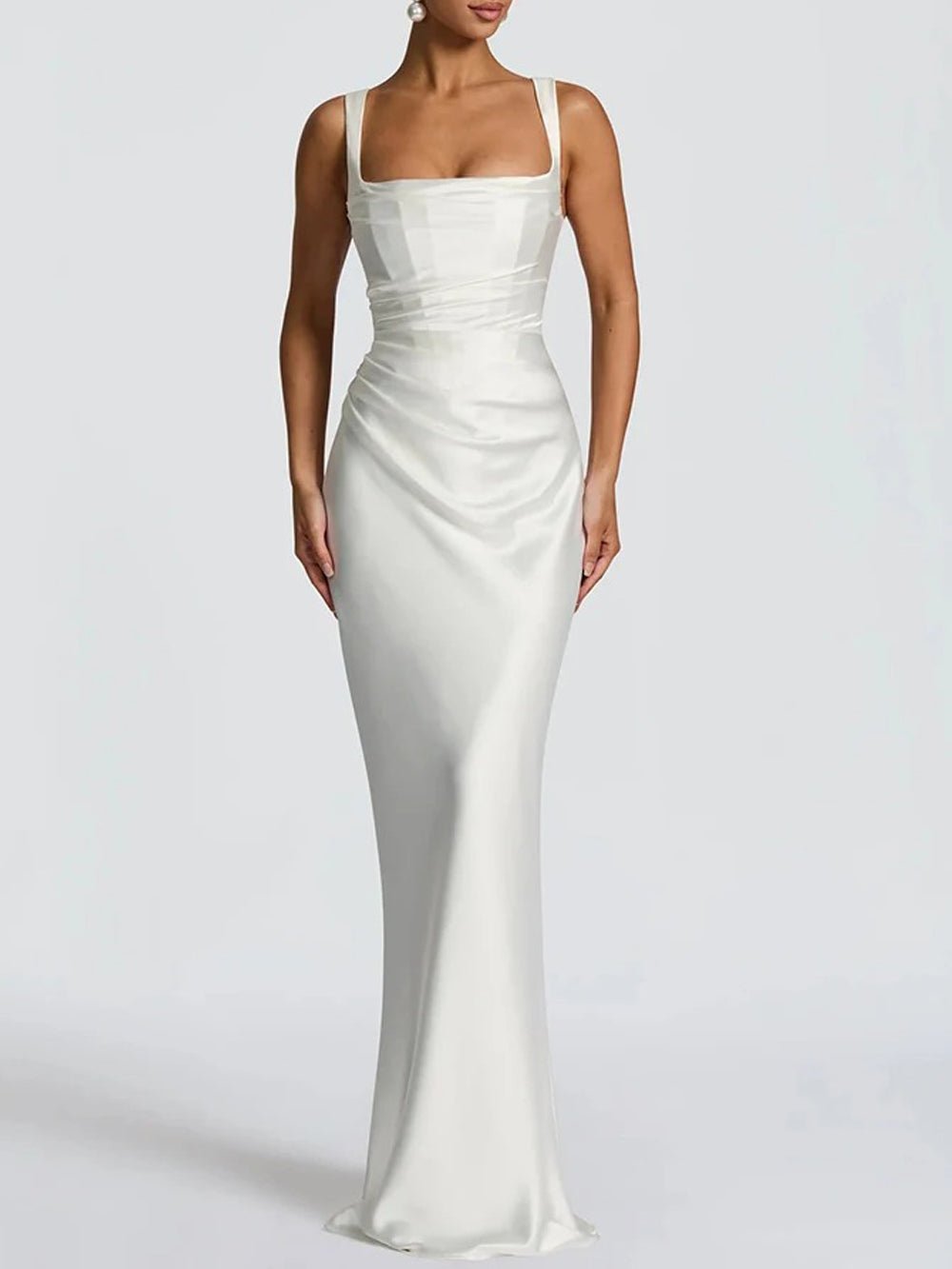 White Square Neck Wide Strap Diagonal Ruche Mermaid Hem Maxi Gown