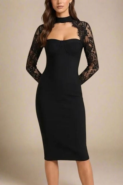 Classic Black Lace Shoulder Cut Out Mock Neck Long Sleeve Bandage Midi Dress