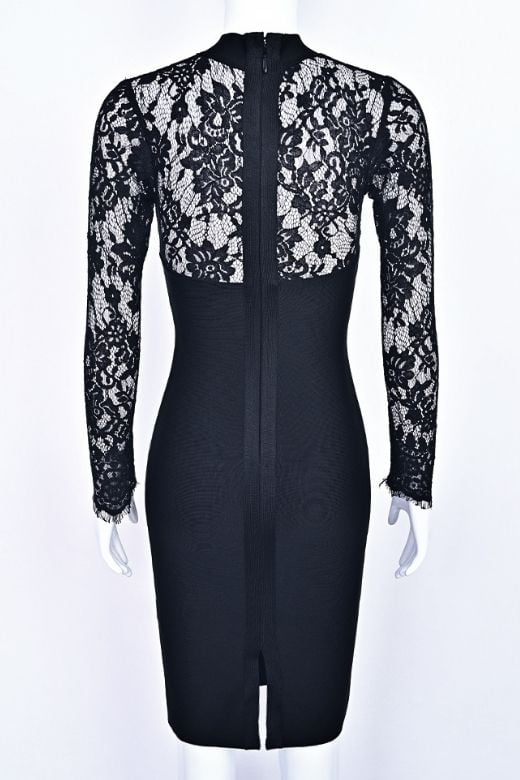 Classic Black Lace Shoulder Cut Out Mock Neck Long Sleeve Bandage Midi Dress