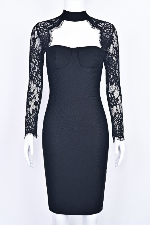 Classic Black Lace Shoulder Cut Out Mock Neck Long Sleeve Bandage Midi Dress