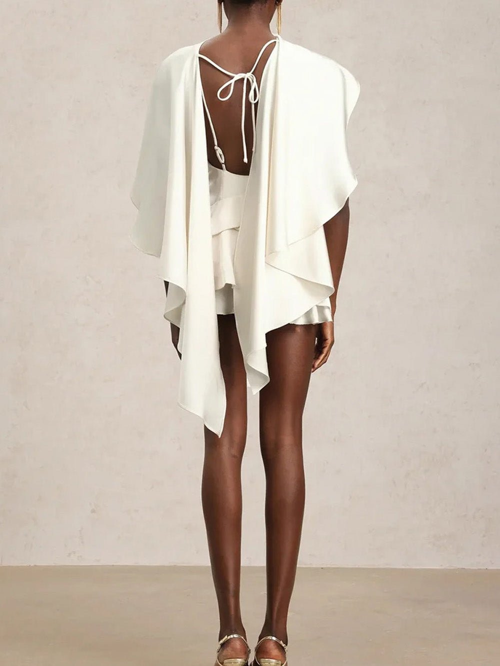 White One Shoulder Cape Overlay Tiered Ruffle Mini Dress