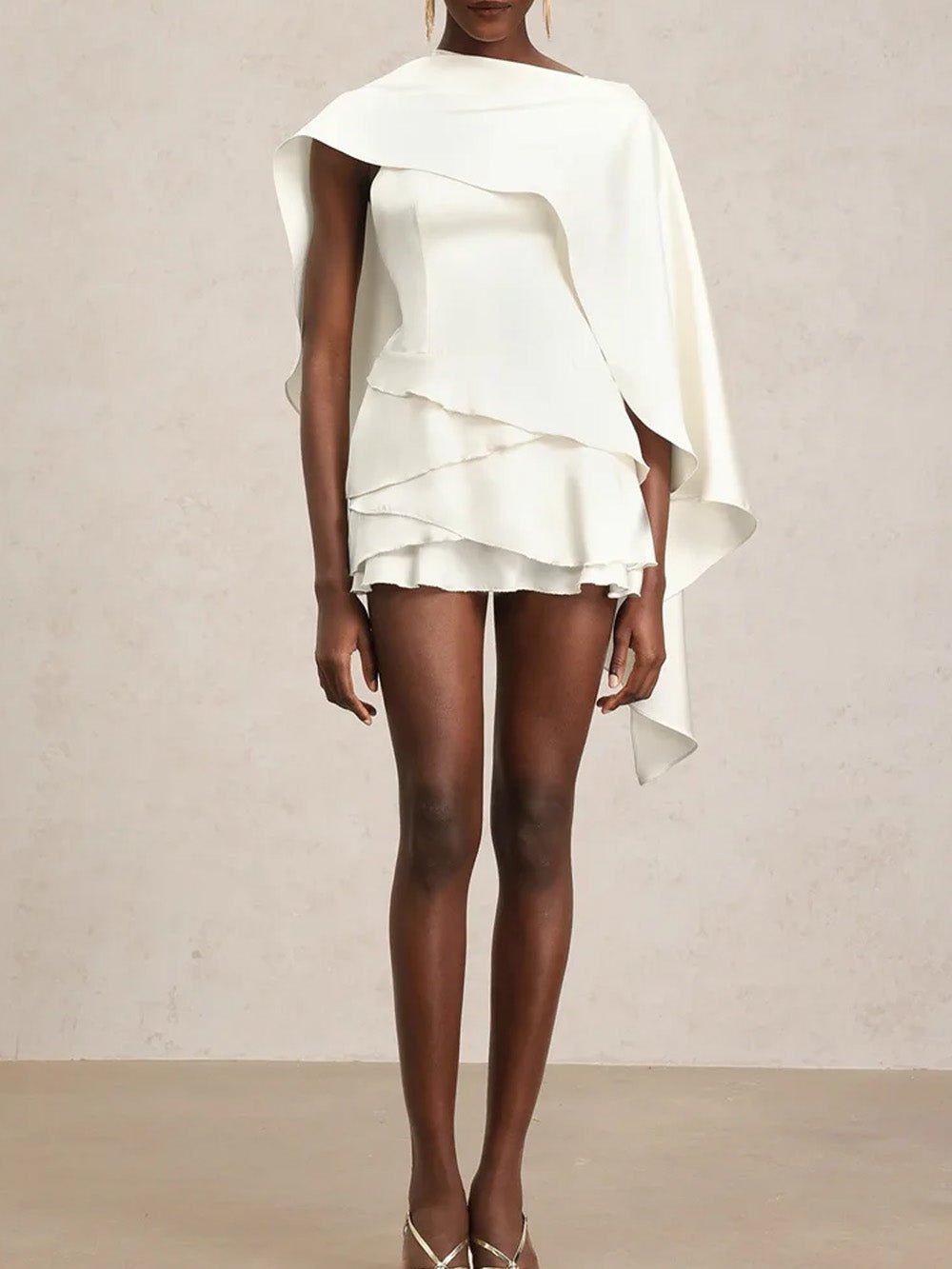 White One Shoulder Cape Overlay Tiered Ruffle Mini Dress