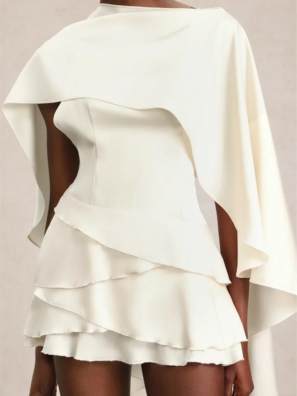 White One Shoulder Cape Overlay Tiered Ruffle Mini Dress