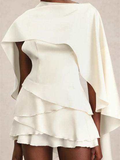 White One Shoulder Cape Overlay Tiered Ruffle Mini Dress