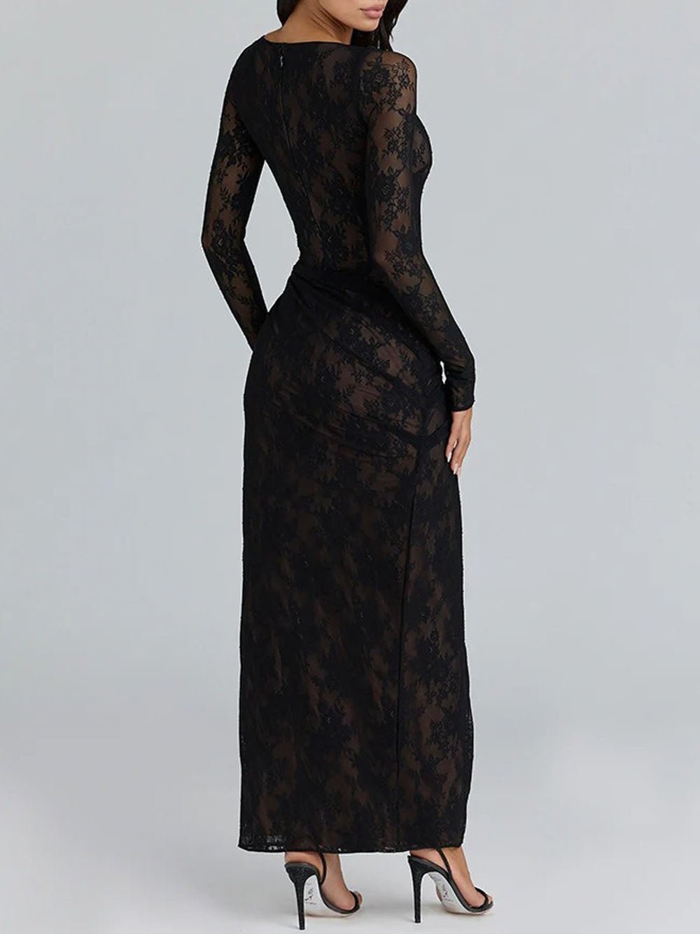 Black Lace Boat Neck Long Sleeve Ruched High Split Maxi Dress