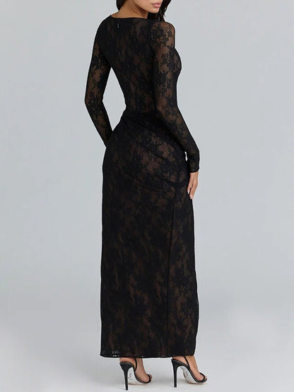 Black Lace Boat Neck Long Sleeve Ruched High Split Maxi Dress