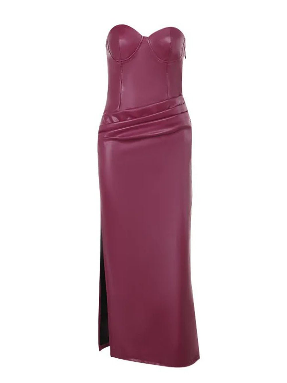 Faux Leather Strapless Sweetheart Corset Ruched High Split Maxi Dress