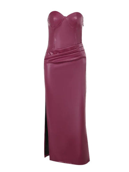 Faux Leather Strapless Sweetheart Corset Ruched High Split Maxi Dress