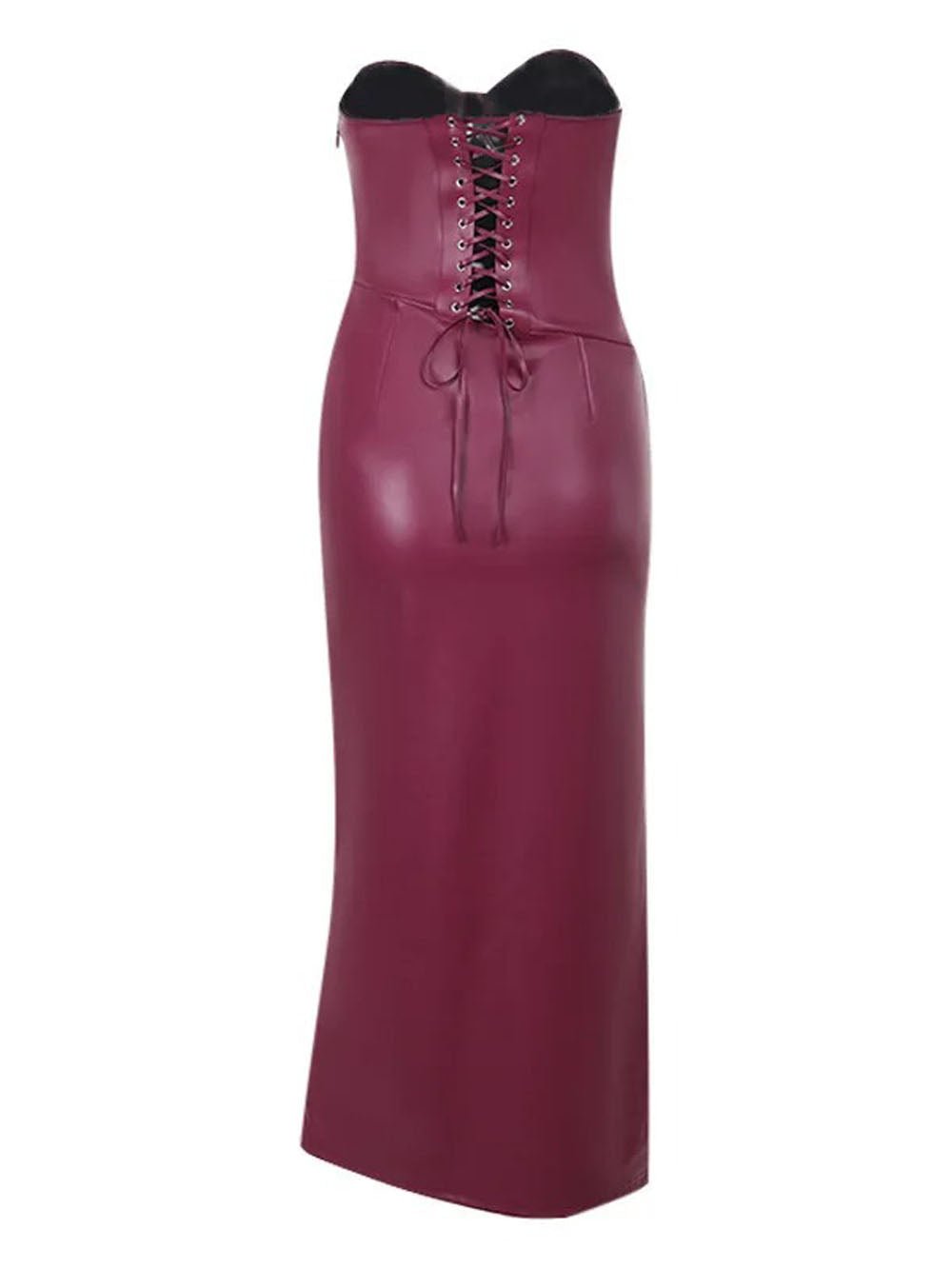 Faux Leather Strapless Sweetheart Corset Ruched High Split Maxi Dress