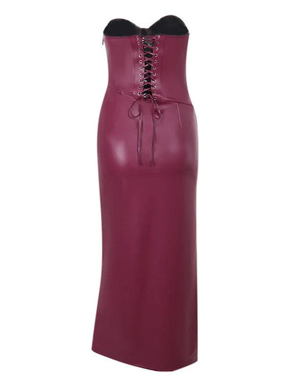 Faux Leather Strapless Sweetheart Corset Ruched High Split Maxi Dress