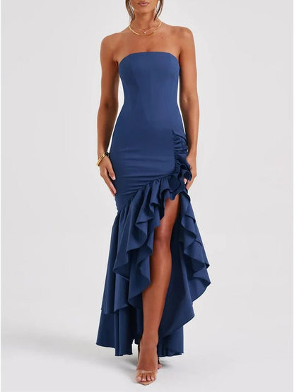 Strapless Mermaid Ruffle Trim High Split Flounced Hem Maxi Gown