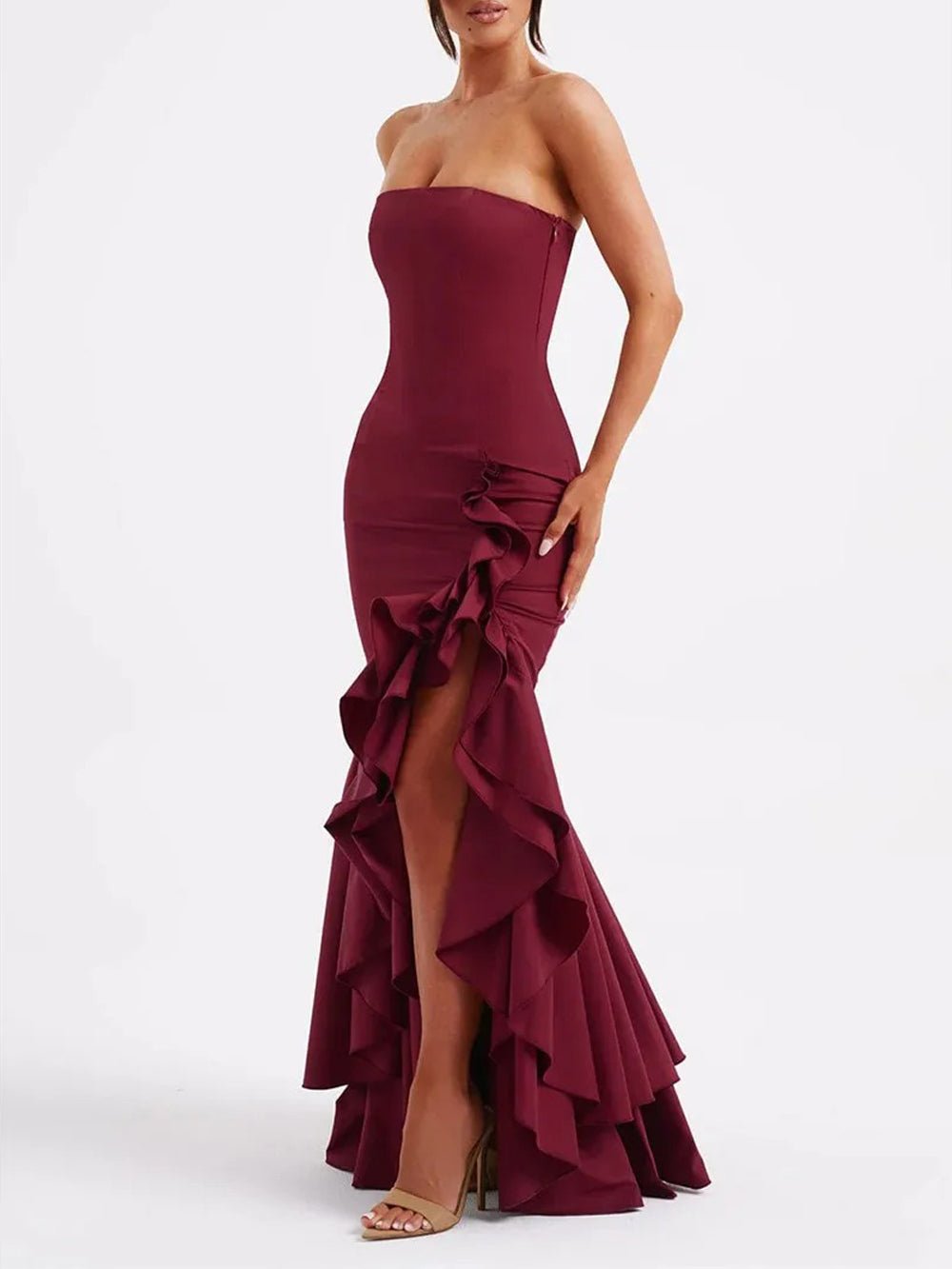Strapless Mermaid Ruffle Trim High Split Flounced Hem Maxi Gown