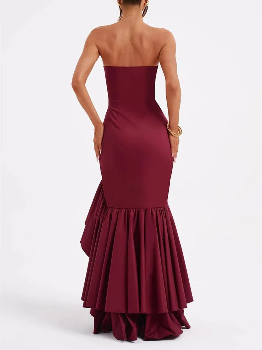 Strapless Mermaid Ruffle Trim High Split Flounced Hem Maxi Gown