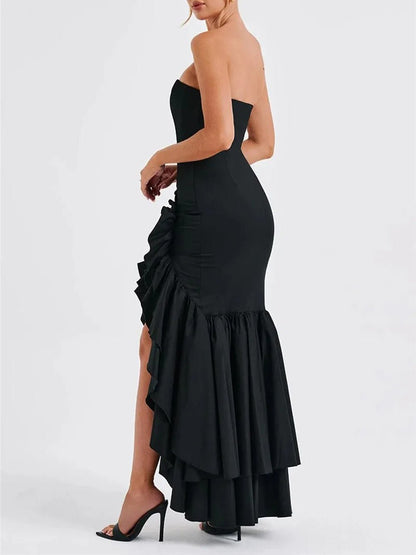 Strapless Mermaid Ruffle Trim High Split Flounced Hem Maxi Gown