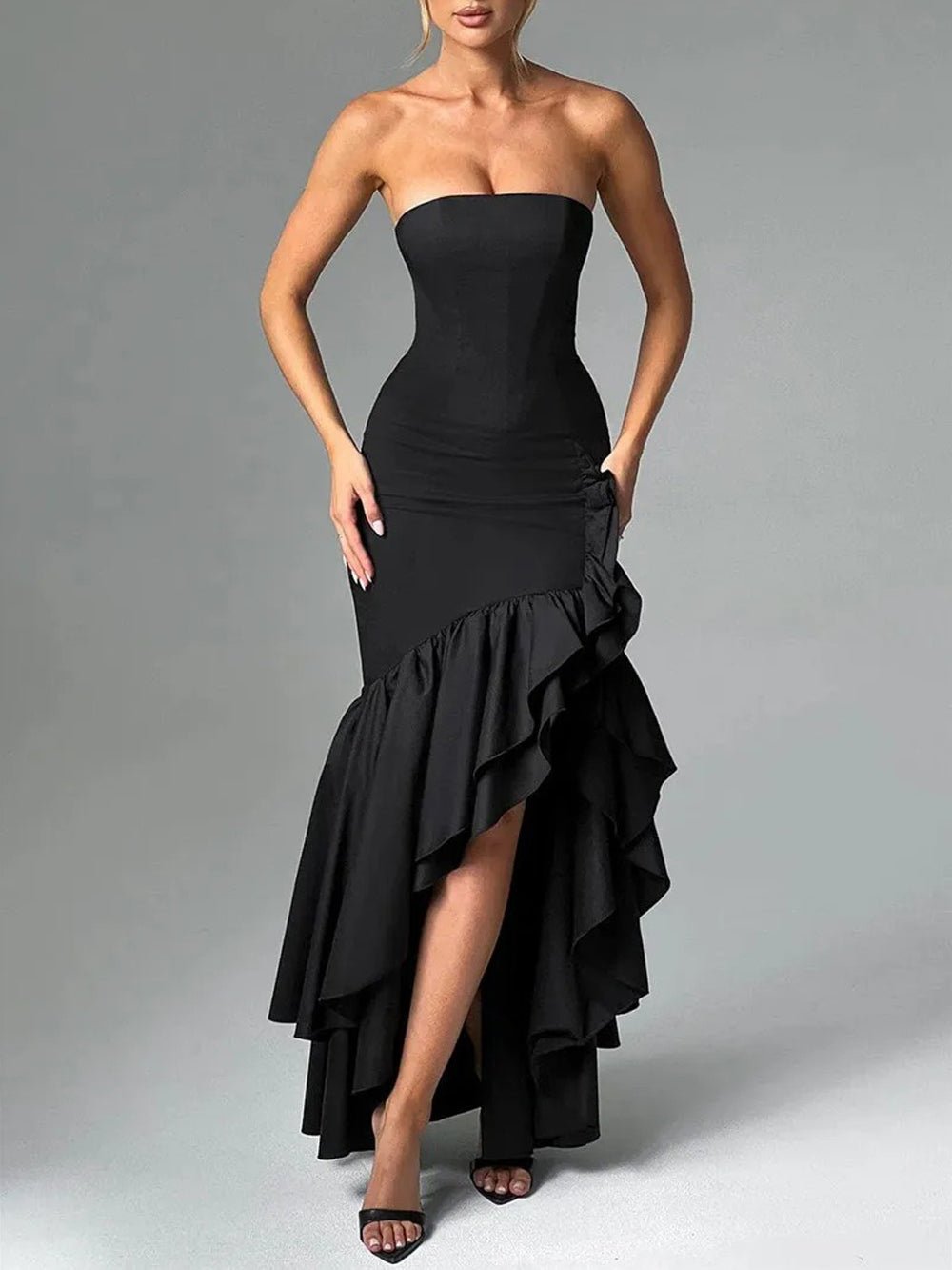 Strapless Mermaid Ruffle Trim High Split Flounced Hem Maxi Gown