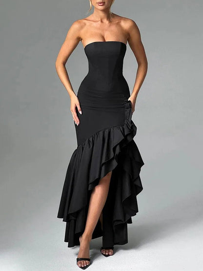 Strapless Mermaid Ruffle Trim High Split Flounced Hem Maxi Gown