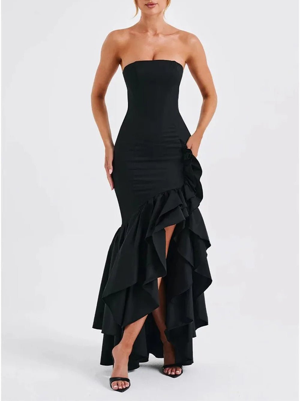 Strapless Mermaid Ruffle Trim High Split Flounced Hem Maxi Gown