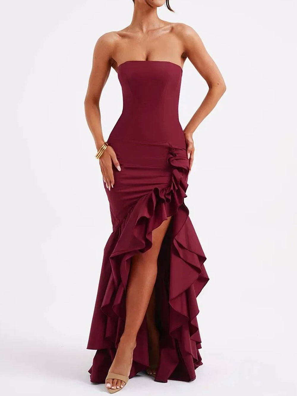 Strapless Mermaid Ruffle Trim High Split Flounced Hem Maxi Gown