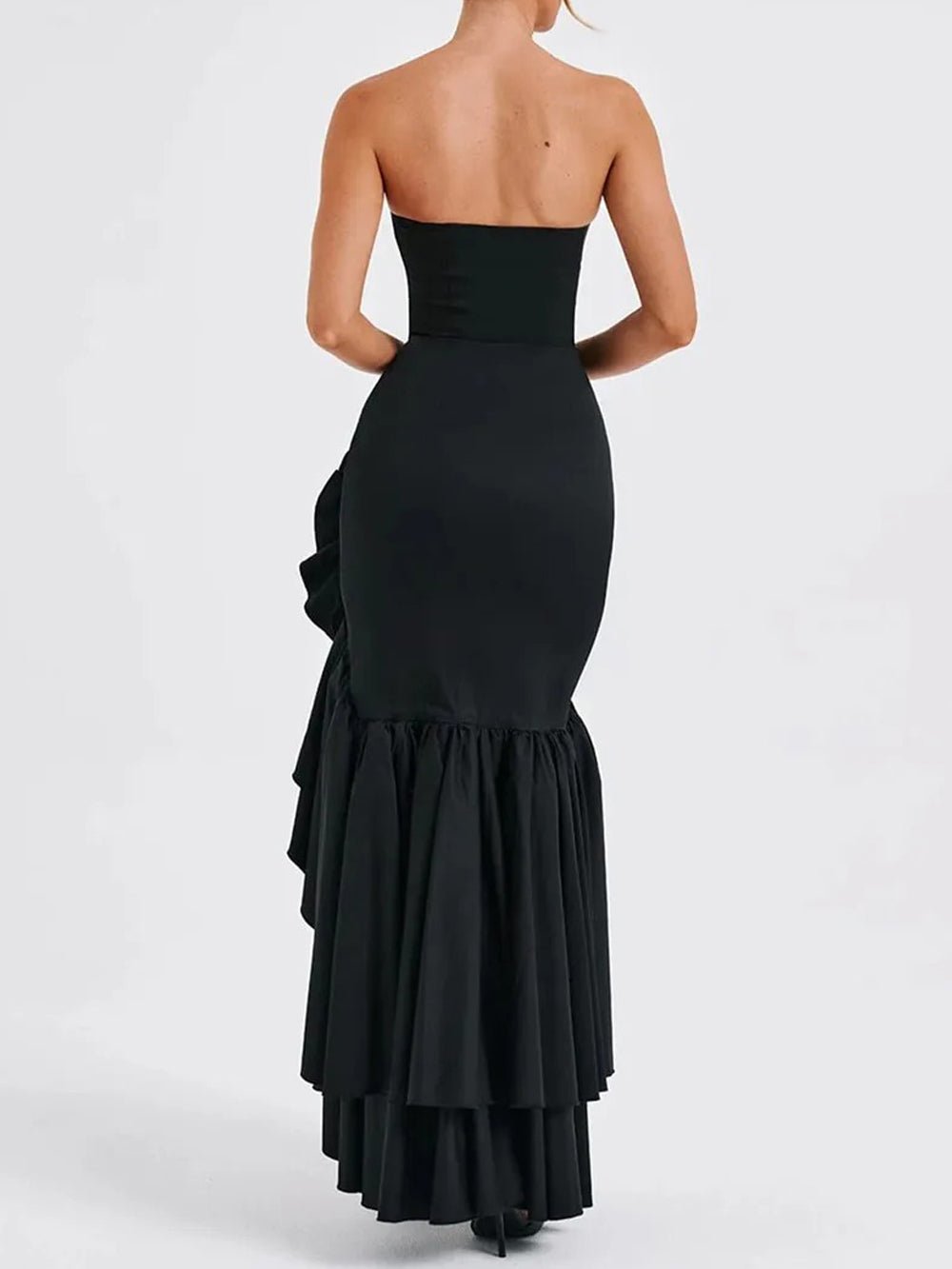 Strapless Mermaid Ruffle Trim High Split Flounced Hem Maxi Gown