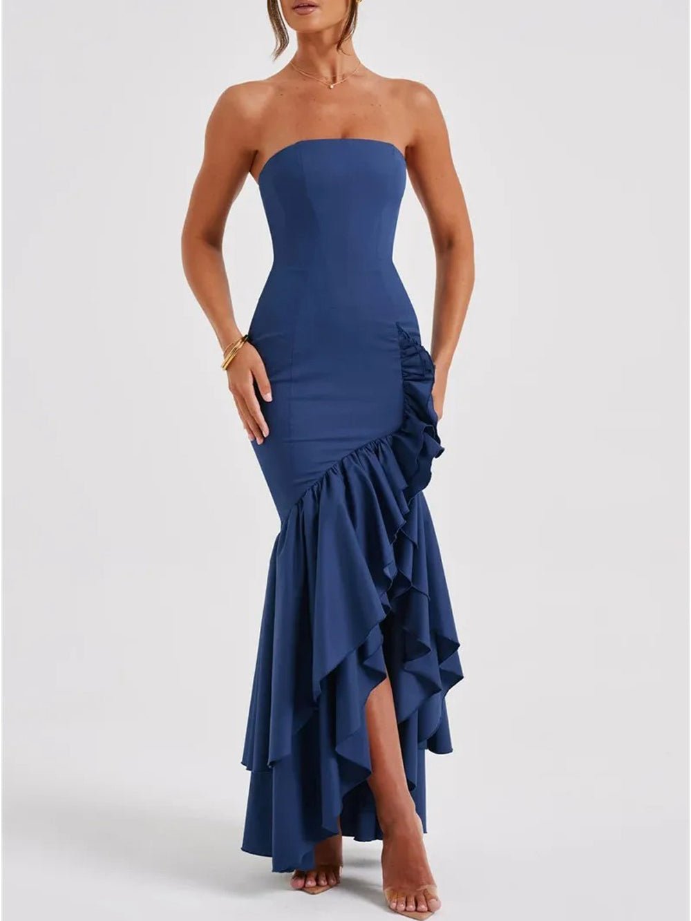 Strapless Mermaid Ruffle Trim High Split Flounced Hem Maxi Gown