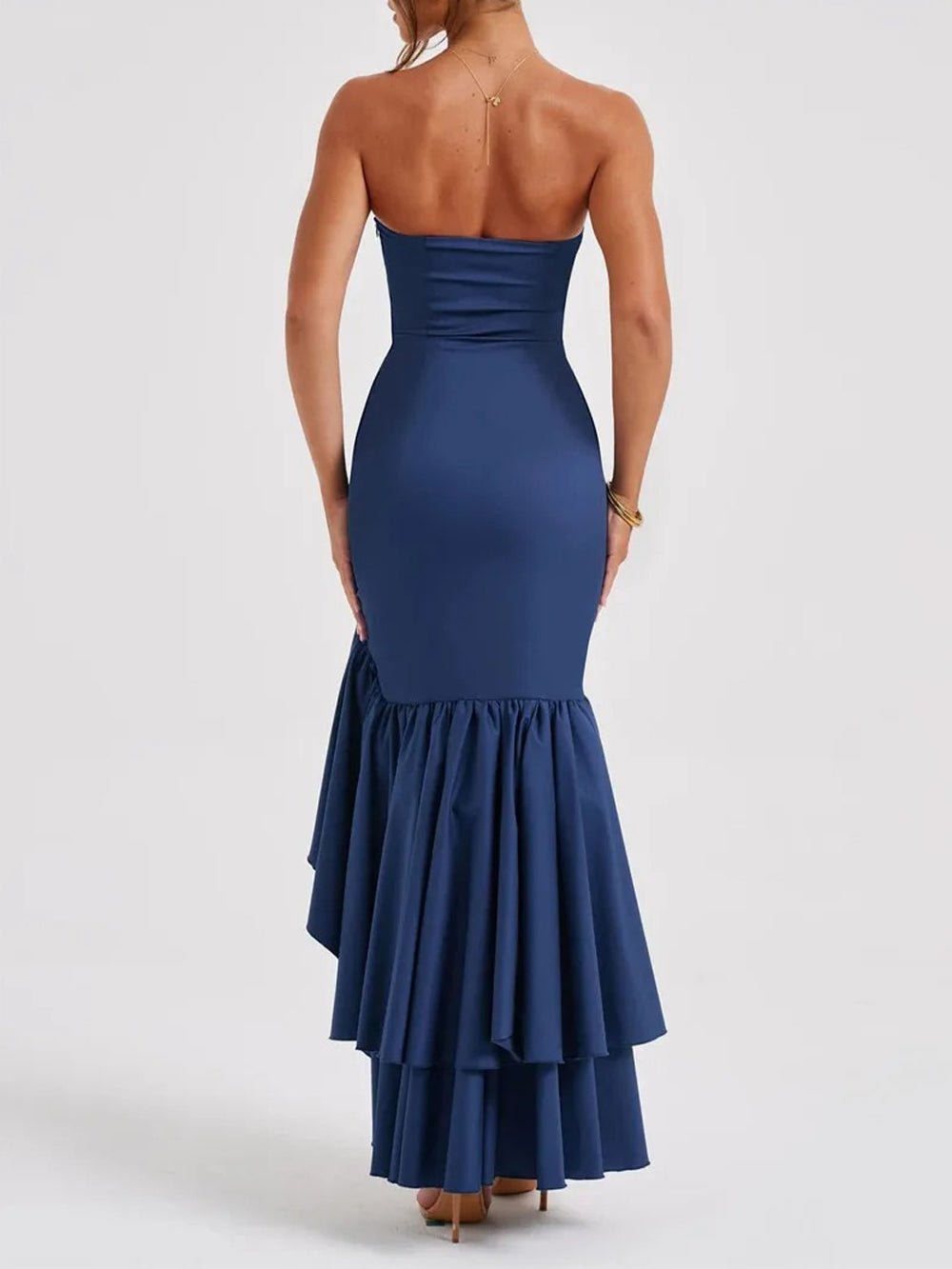 Strapless Mermaid Ruffle Trim High Split Flounced Hem Maxi Gown