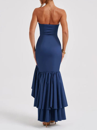 Strapless Mermaid Ruffle Trim High Split Flounced Hem Maxi Gown