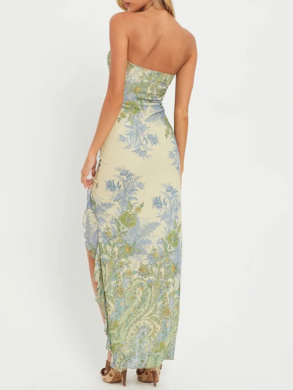 Green Floral Print Strapless Ruffle Trim High Split Bodycon Maxi Dress