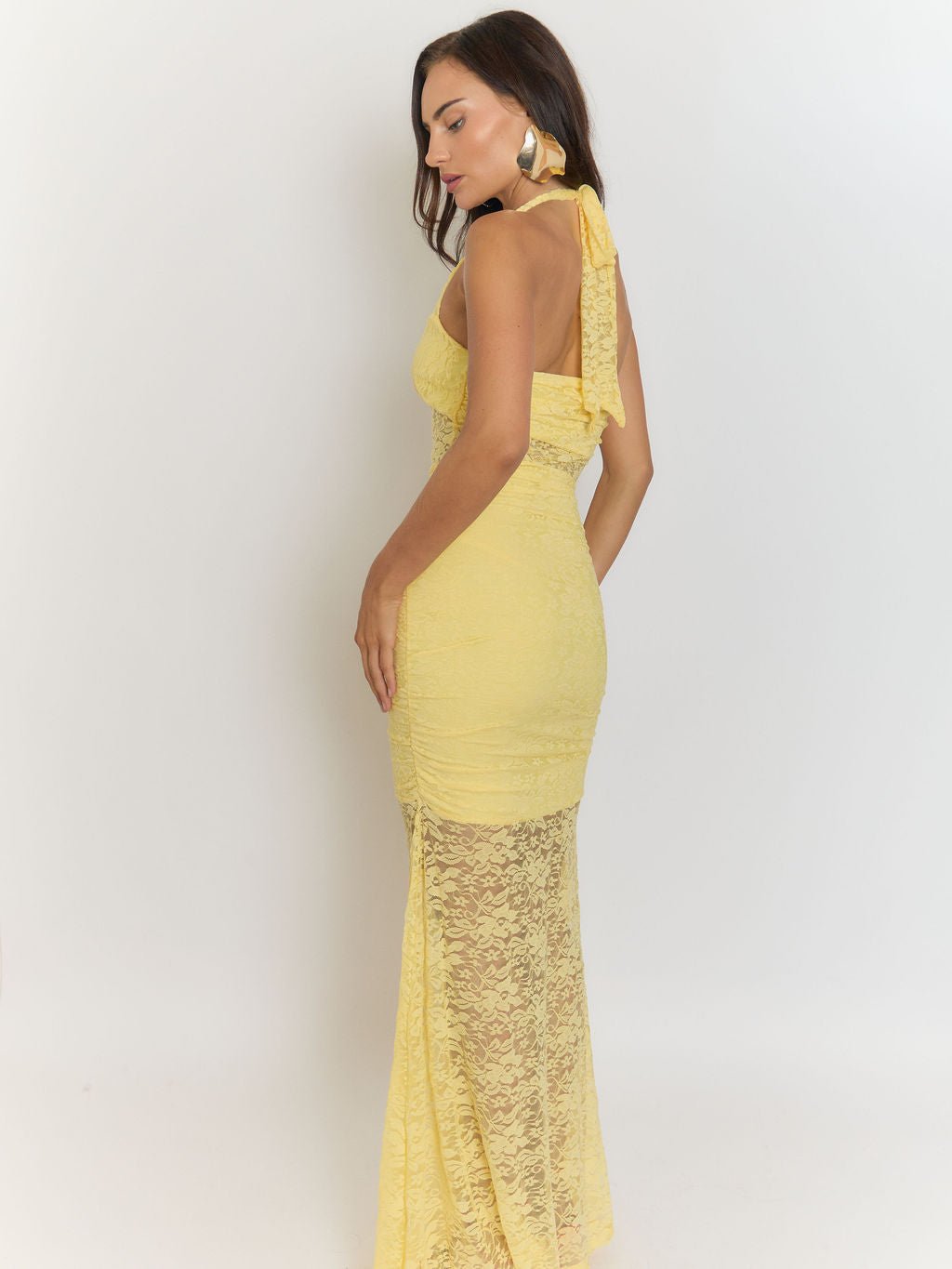 Yellow Halter Neck Lace Midriff Panel Ruched Ruffle Front High Split Lace Maxi Dress