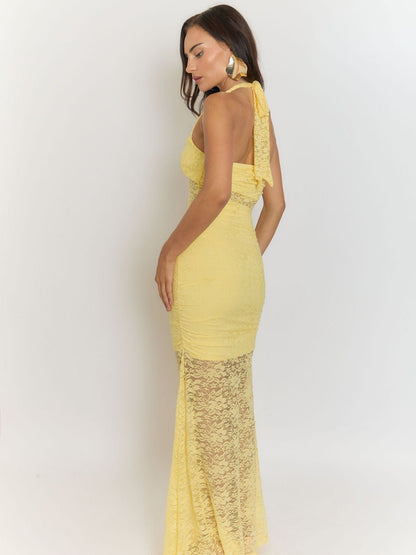 Yellow Halter Neck Lace Midriff Panel Ruched Ruffle Front High Split Lace Maxi Dress