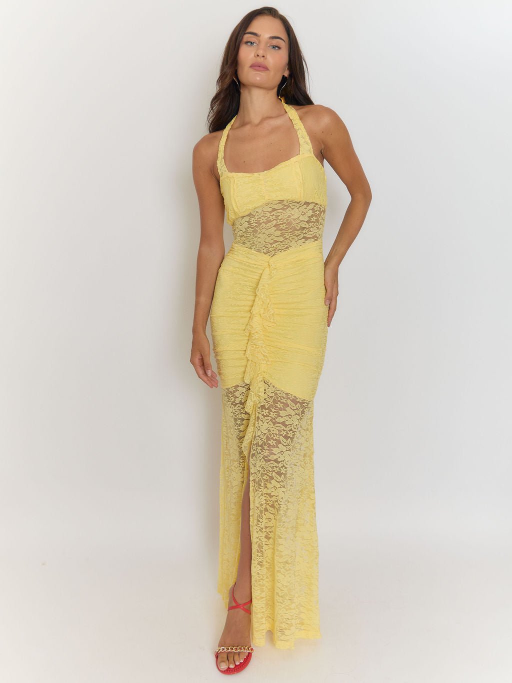 Yellow Halter Neck Lace Midriff Panel Ruched Ruffle Front High Split Lace Maxi Dress