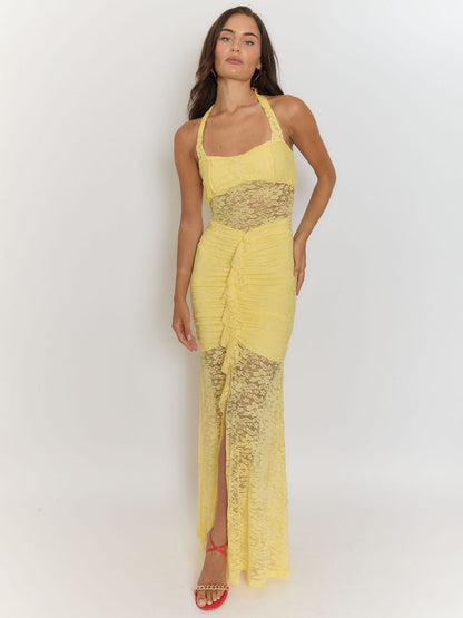 Yellow Halter Neck Lace Midriff Panel Ruched Ruffle Front High Split Lace Maxi Dress