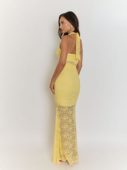 Yellow Halter Neck Lace Midriff Panel Ruched Ruffle Front High Split Lace Maxi Dress