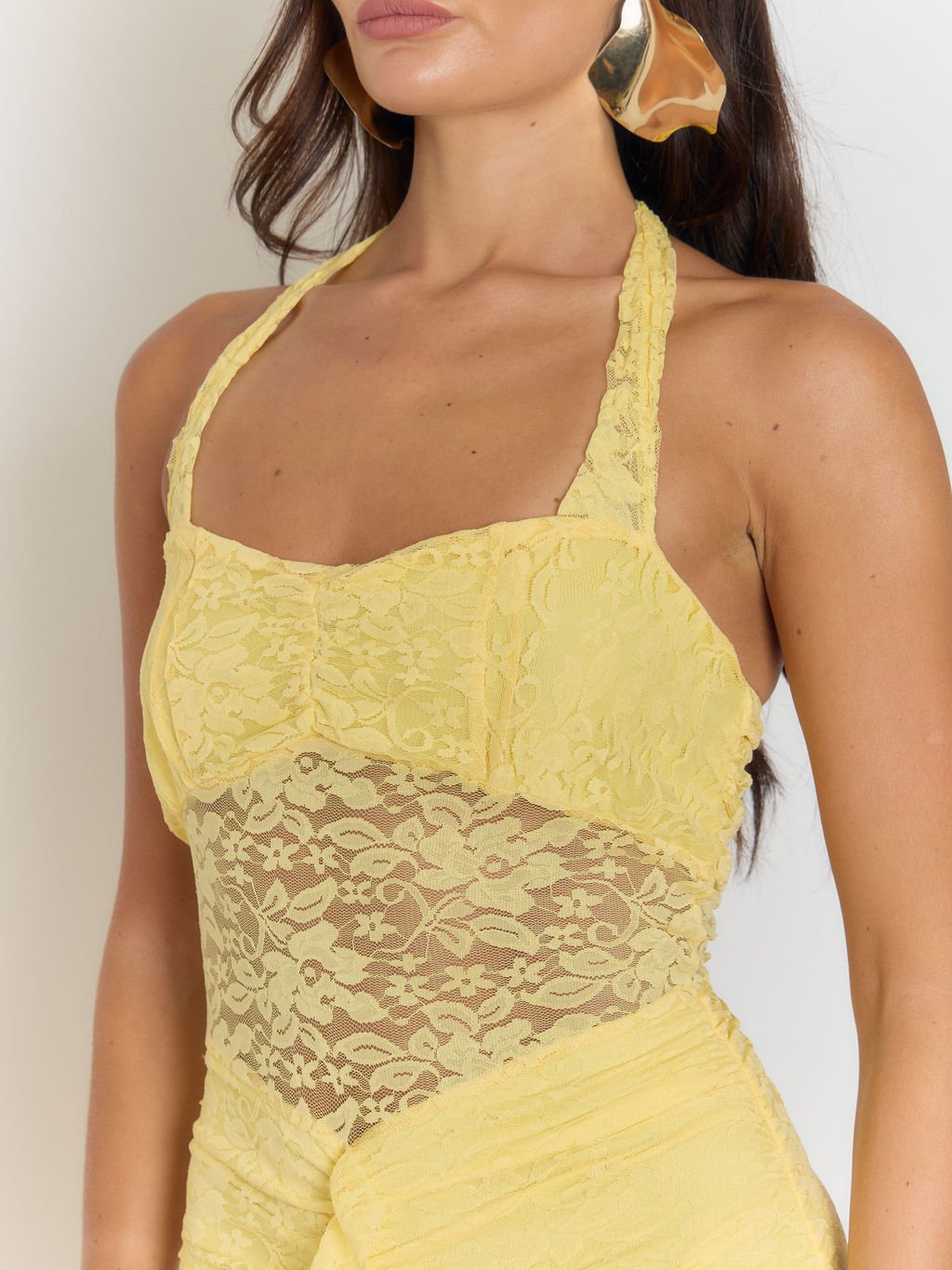 Yellow Halter Neck Lace Midriff Panel Ruched Ruffle Front High Split Lace Maxi Dress