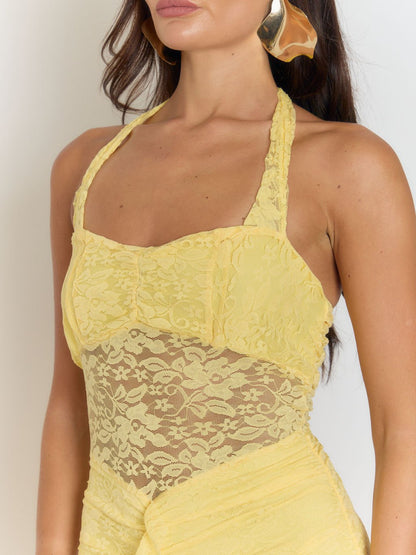 Yellow Halter Neck Lace Midriff Panel Ruched Ruffle Front High Split Lace Maxi Dress