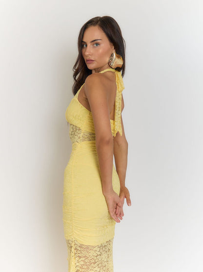 Yellow Halter Neck Lace Midriff Panel Ruched Ruffle Front High Split Lace Maxi Dress