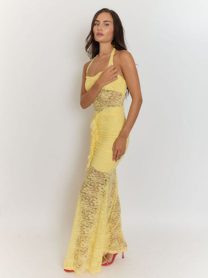 Yellow Halter Neck Lace Midriff Panel Ruched Ruffle Front High Split Lace Maxi Dress