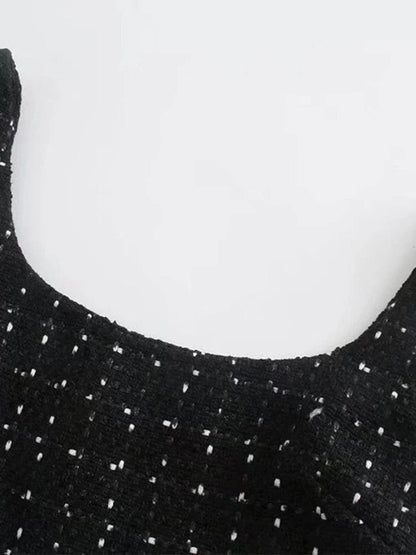 Black Scoop Neck Tank Strap Pearl Trim Waist Cut Out Tweed Mini Dress