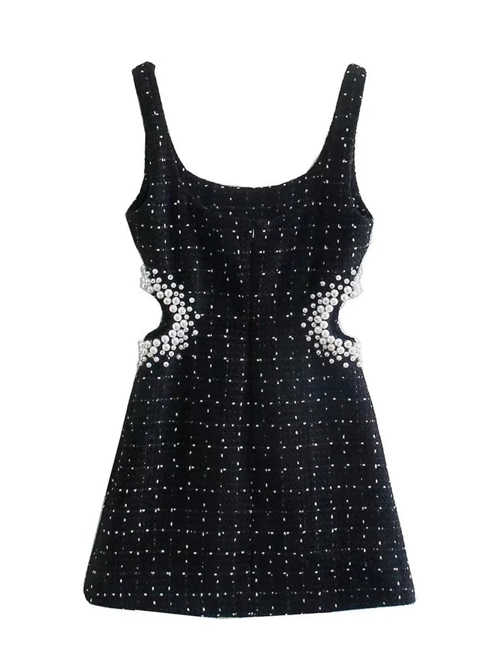 Black Scoop Neck Tank Strap Pearl Trim Waist Cut Out Tweed Mini Dress