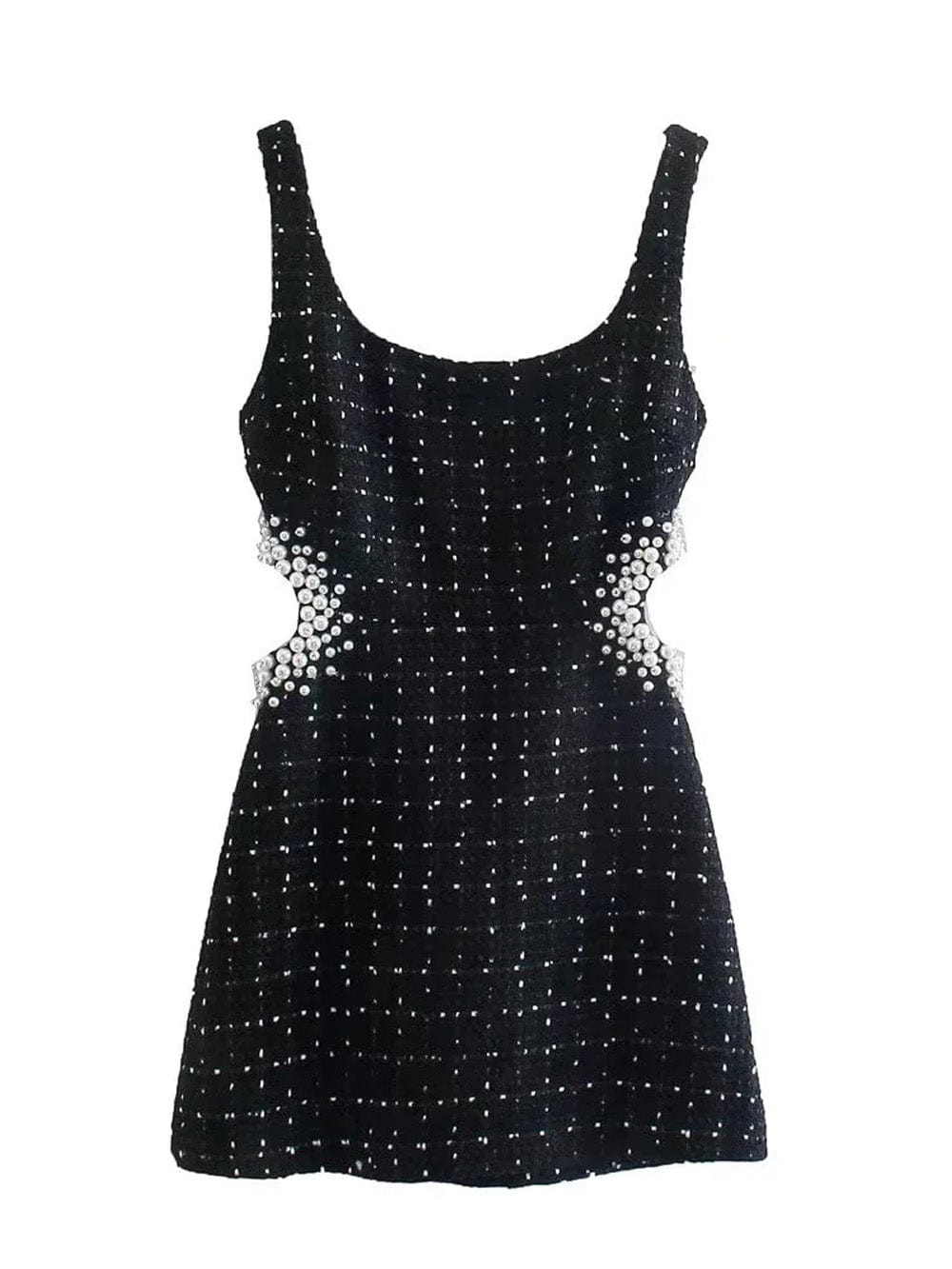 Black Scoop Neck Tank Strap Pearl Trim Waist Cut Out Tweed Mini Dress