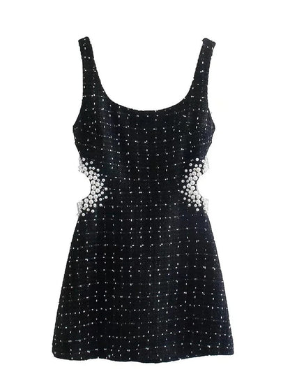Black Scoop Neck Tank Strap Pearl Trim Waist Cut Out Tweed Mini Dress