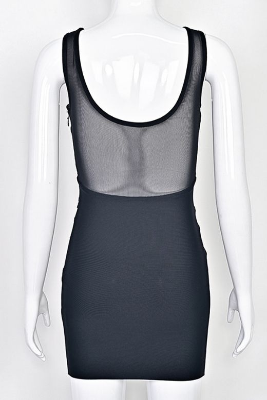 Classic Black Mesh Panel Cut Out Crew Neck Sleeveless Bandage Mini Dress