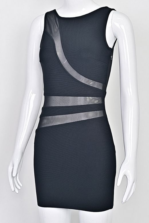 Classic Black Mesh Panel Cut Out Crew Neck Sleeveless Bandage Mini Dress