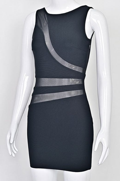 Classic Black Mesh Panel Cut Out Crew Neck Sleeveless Bandage Mini Dress