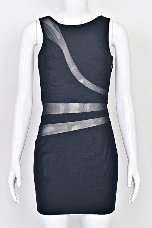 Classic Black Mesh Panel Cut Out Crew Neck Sleeveless Bandage Mini Dress