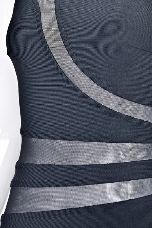 Classic Black Mesh Panel Cut Out Crew Neck Sleeveless Bandage Mini Dress